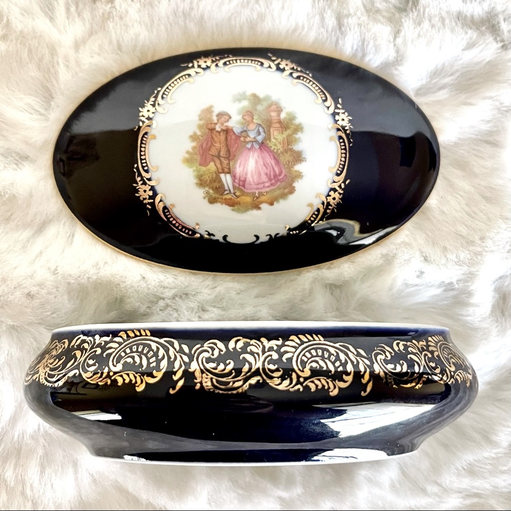⚜️ Limoges Navy and 22ct Gold Porcelain Trinket and Jewelry Box ⚜️